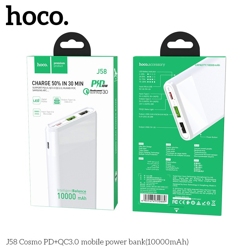 Pin dự phòng 10.000mAh HOCO J58 Chính hãng (Polymer A+, 2 cổng USB, 1 cổng Type-C 3.0A PD-QC3.0 18W) bảo hành 12 tháng