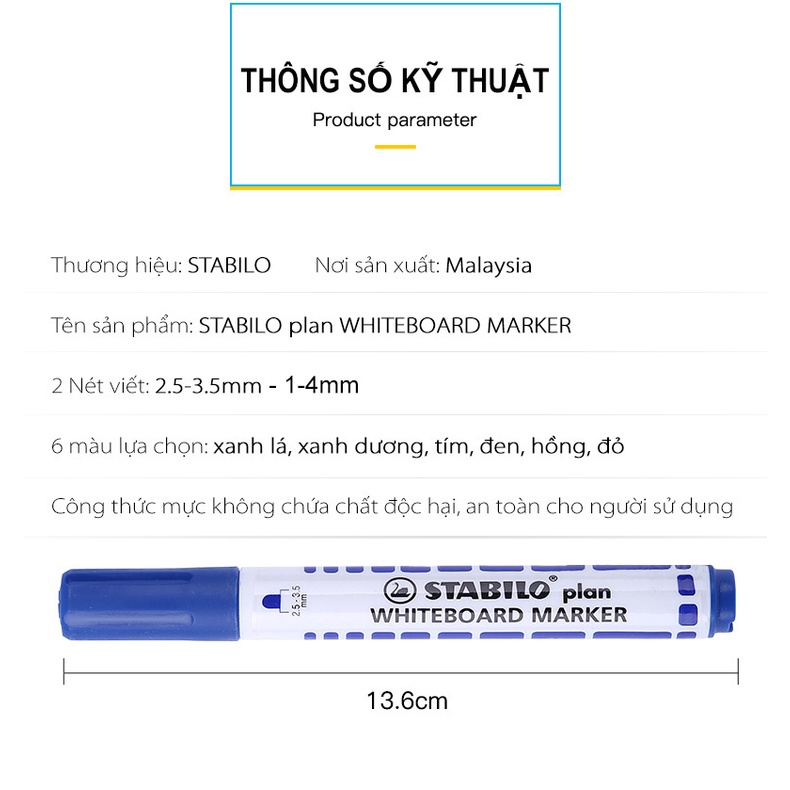 Hộp 10 Bút viết bảng đầu tròn STABILO Plan WHITEBOARD MARKER (WM641/10)