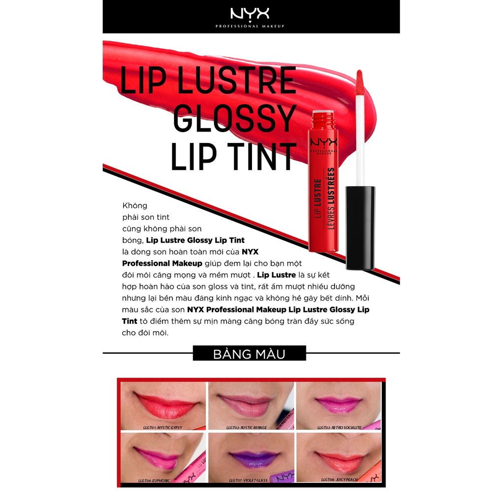 Son tint bóng NYX chính hãng Lip Lustre Glossy Lip Tint