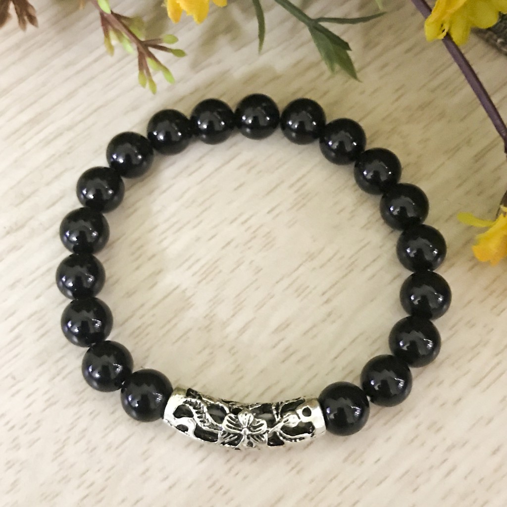 Vòng Tay Cho Mệnh Thủy ( Mộc ) - Vòng Tay Nữ Mã Não Đen 8mm Mix Charm Cầu Bạc V344D-8