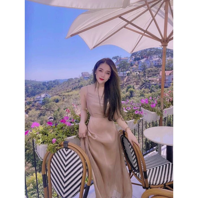 VIBED Đầm dây nude midi dáng dài chất voan nhũ mềm