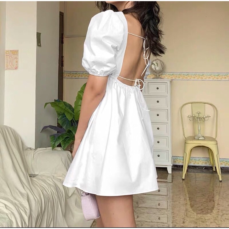 Váy babydoll trắng BlaPink hở lưng chéo dây có lót vải lụa mịn màng- BELLA DRESS T194 | BigBuy360 - bigbuy360.vn