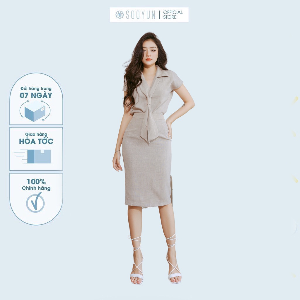 Chân váy công sở nữ SOOYUN kết hợp áo hai ve cổ vạt màu nâu SSE018