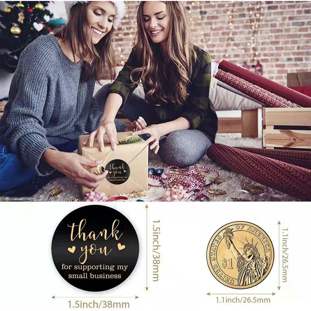 Giá Xưởng - 3.8CM Cuộn 500 Tem Dán Cảm Ơn Nền Đen Tròn Sticker Thank You Dán Qùa Tặng Hàng Hóa xinh xắn