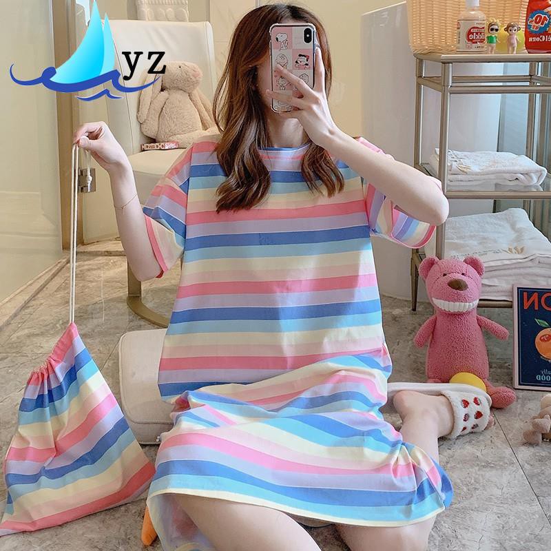 Đầm Ngủ Cotton Tay Ngắn Dáng Dài Qua Gối In Hoạt Hình Dễ Thương Cho Nữ