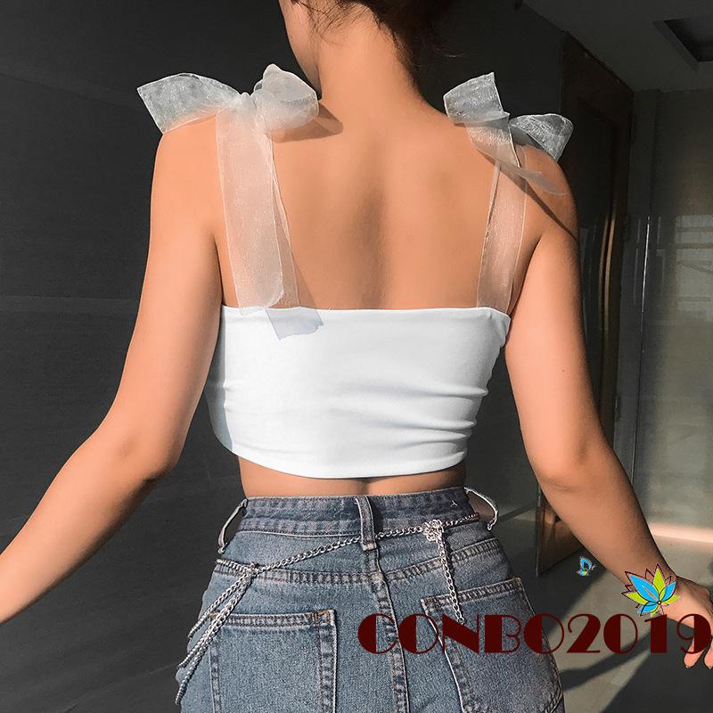 Áo croptop sát nách dây bản to phối ren lưới quyến rũ cho nữ