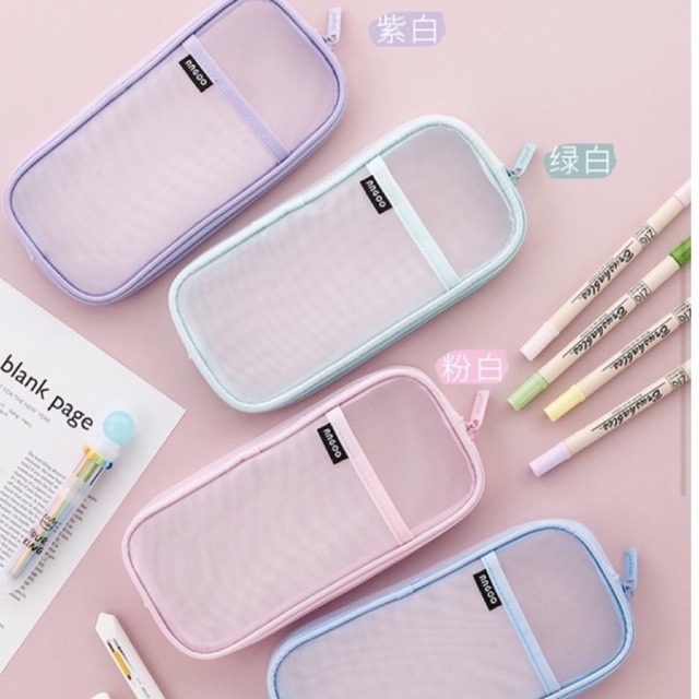 Túi bút Angoo trong suốt , hộp bút phong cách Nhật bản 8 màu dễ thương phụ kiện văn phòng phẩm chất liệu lưới