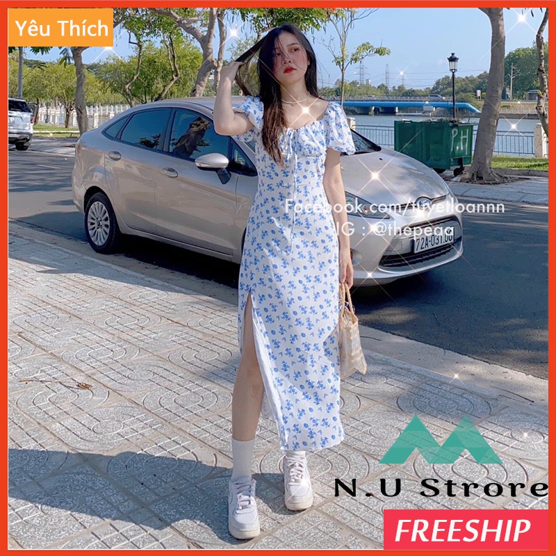 [FREESHIP] ĐẦM MAXI HOA NHÍ VINTAGE- Váy Thiết Kế Xẻ Đùi cổ Vuông , Tay Bồng Cực Yêu Đú Trend - Không có vest kem theo.