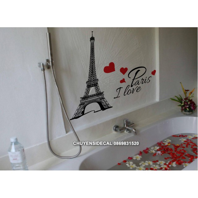 Decal trang trí tường - Tháp Paris Tim đỏ