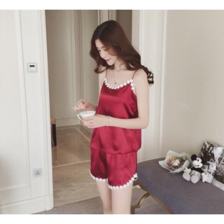 Bộ ngủ lụa 2 dây viền hoa