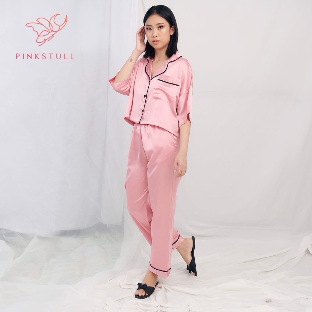 Bộ đồ ngủ pijamas tay ngắn quần dài Pink Stull 3 Màu:xám viền đen,đỏ viền trắng,hồng viền đen