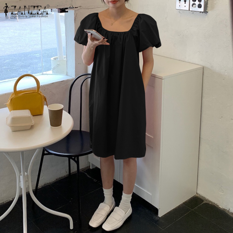 Đầm ZANZEA Tay Ngắn Phồng Cổ Vuông Với Phần Cổ Tay Co Giãn Mini Dành Cho Nữ