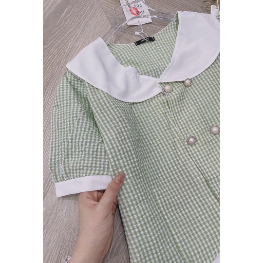 SÉT ÁO VÁY KẺ Ô CỔ SEN ÁO CHẤT ĐŨI NHĂN KẺ Ô XANH NGỌC HÀNG L1