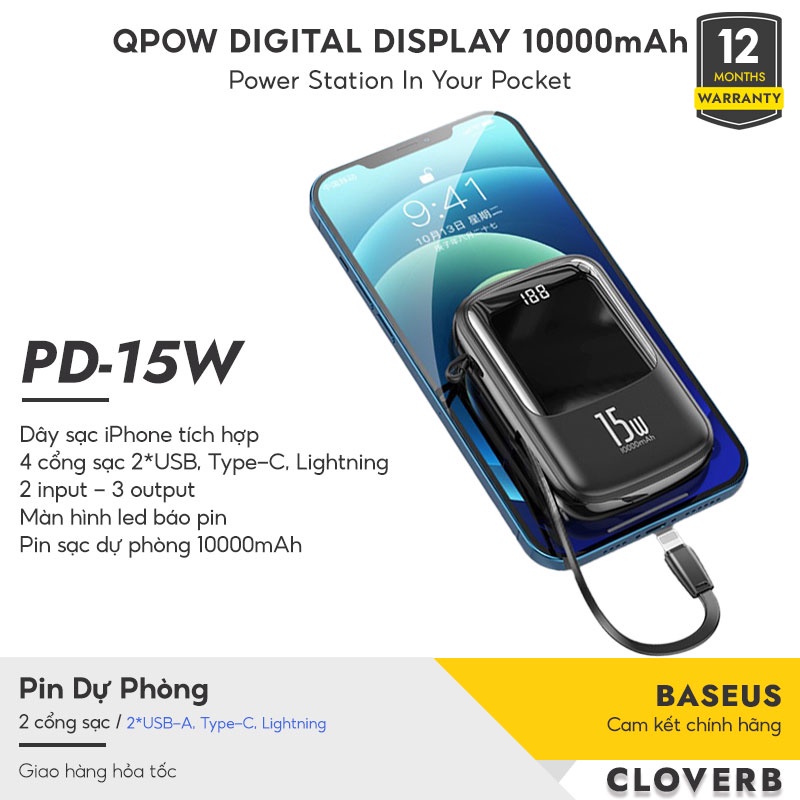 sạc dự phòng 10000mAh Baseus QPow Digital Display Tích Hợp Cáp Sạc Nhanh 15W Cho IPtablet táo pod
