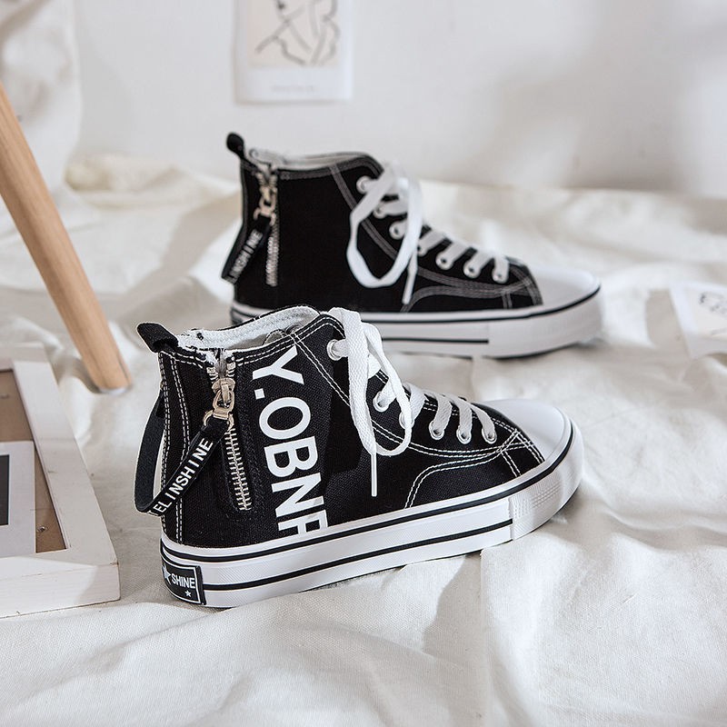 Giày Vải Canvas Cổ Cao Phối Khóa Dây Kéo Bên Hông Phong Cách Harajuku Hàn Quốc Mới Cho Nữ