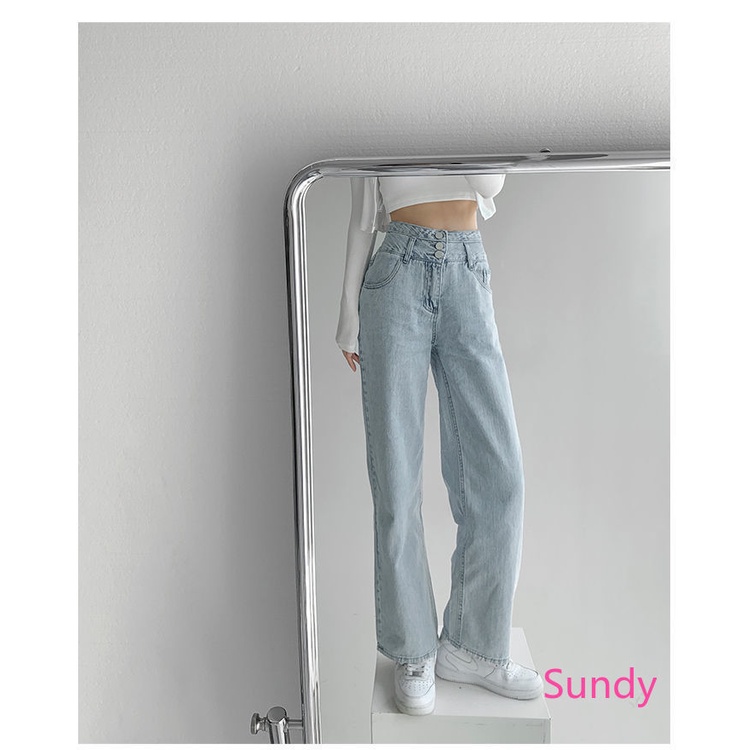 Quần jean lưng cao ống rộng phối nút đơn giản thời trang mùa hè dành cho nữ