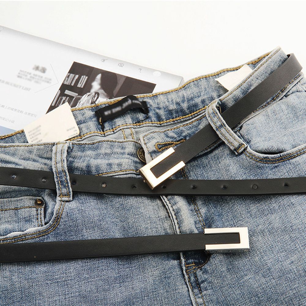 Thắt Lưng Da Giả Bản Nhỏ Có Khóa Kim Loại Màu Trơn Phong Cách Hàn Quốc Cho Nữ
