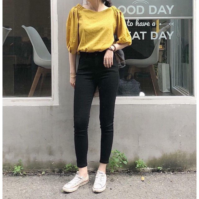 Quần jean nữ cạp cao skinny màu đen cơ bản co giãn cao cấp style basic đẹp