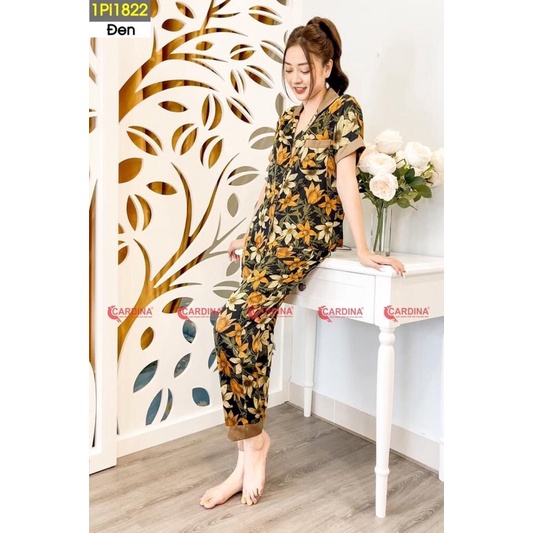 Bộ Pijama ngắn tay hoạ tiết CARDINA chất lụa Satin nhật cao cấp co giãn nhẹ