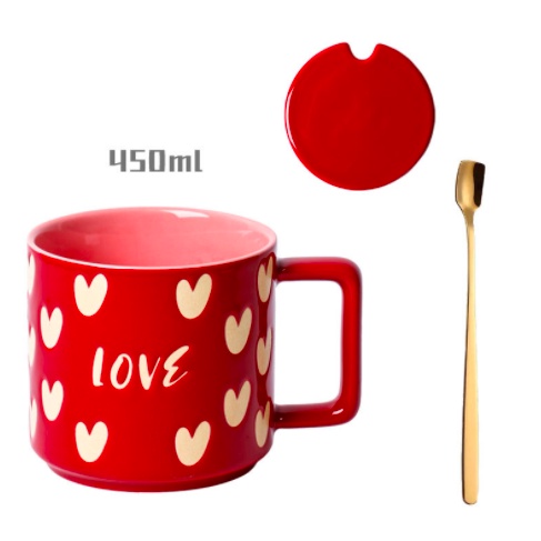 Cốc ly sứ cỡ lớn 450ml có nắp tặng kèm thìa, nhiều màu sắc, họa tiết trái tim xinh xắn dùng để pha cà phê, pha trà - Ráp