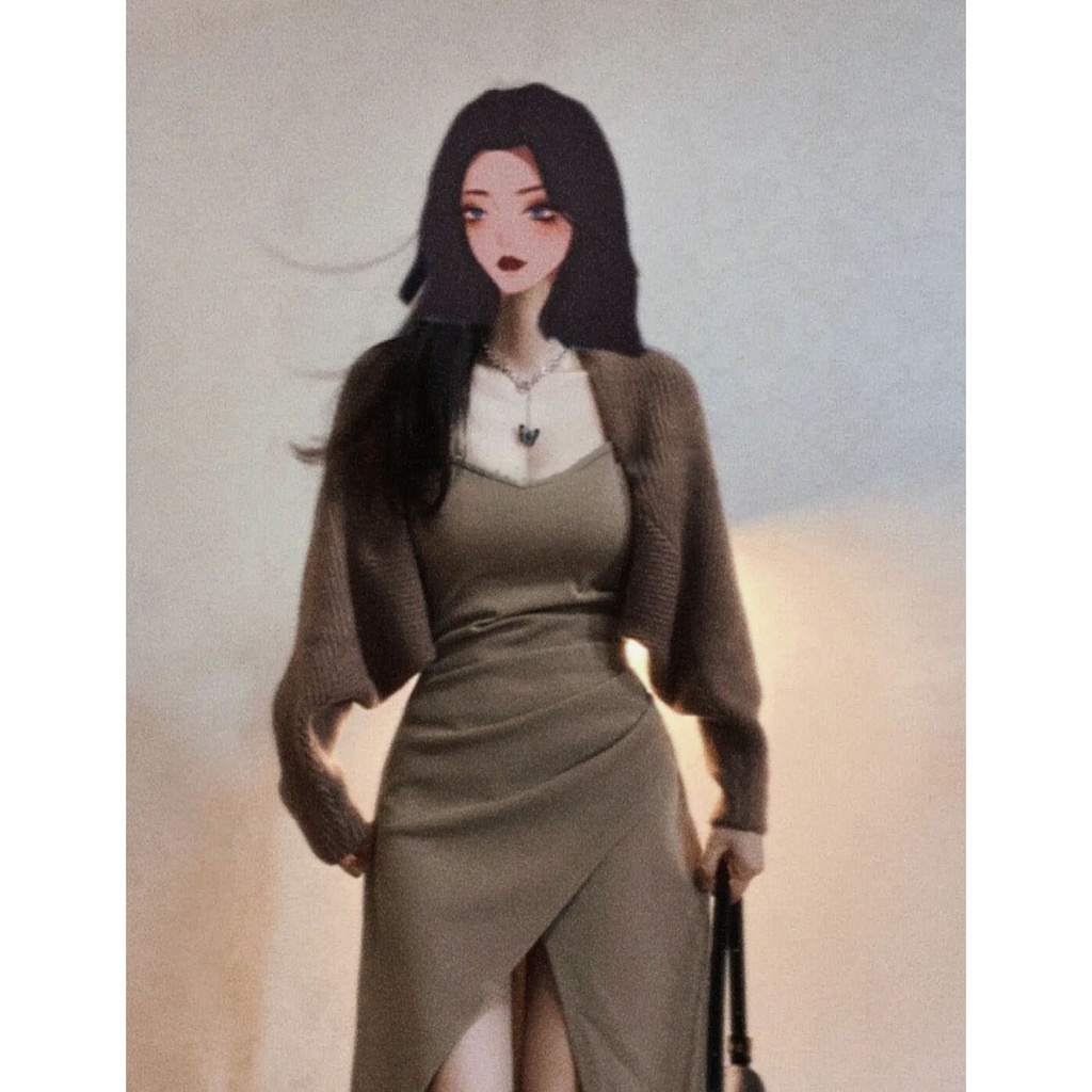 [Hai Mảnh] Set Đầm Hai Dây Dệt Kim Cardigan Màu Trơn Phong Cách Mùa Thu Hợp Thời Trang