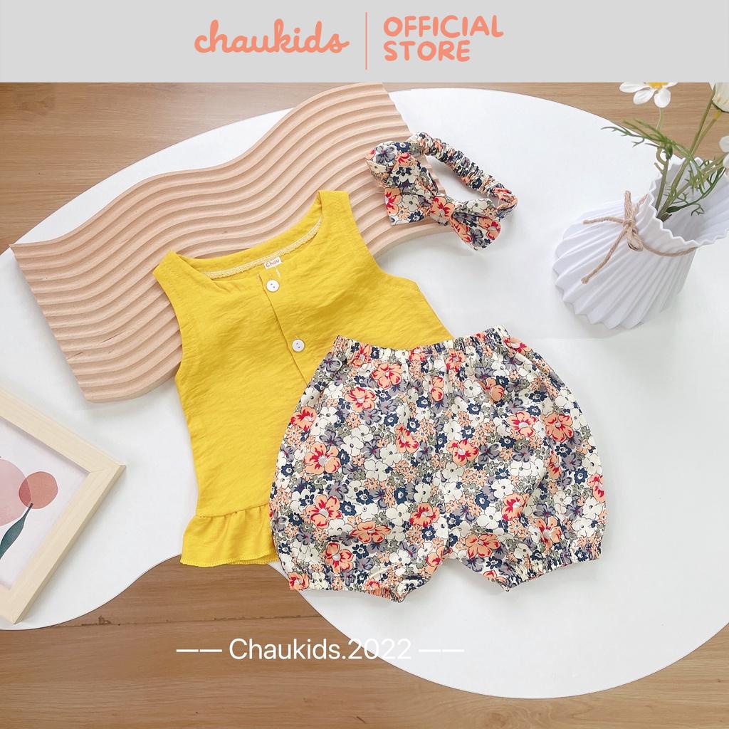 Bộ Ba Lỗ Cho Bé Gái CHAUKIDS Vải Thô Cúc Giữa Quần Hoa, Đồ Bộ Cho Bé Mặc Đi Chơi, Đi Học CK06