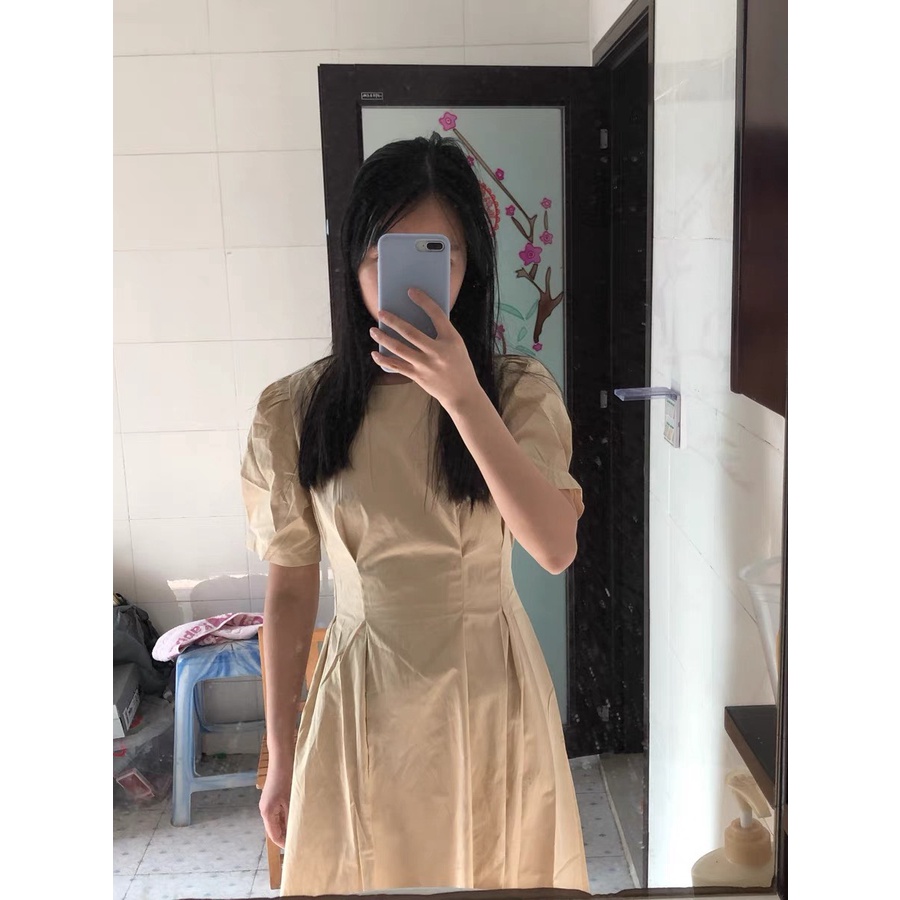 Váy MORAN phong cách vintage màu xanh/be eo thon xếp ly xòe dài đơn giản Hàn Quốc