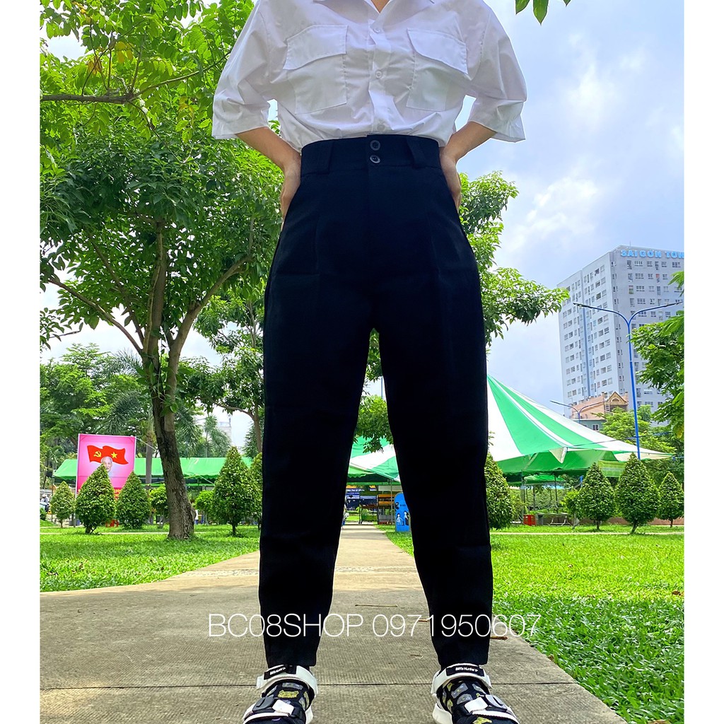 Quần Tây Baggy 2 Nút Gài Lưng Cao Kéo Khóa Màu Đen basic (BC110)