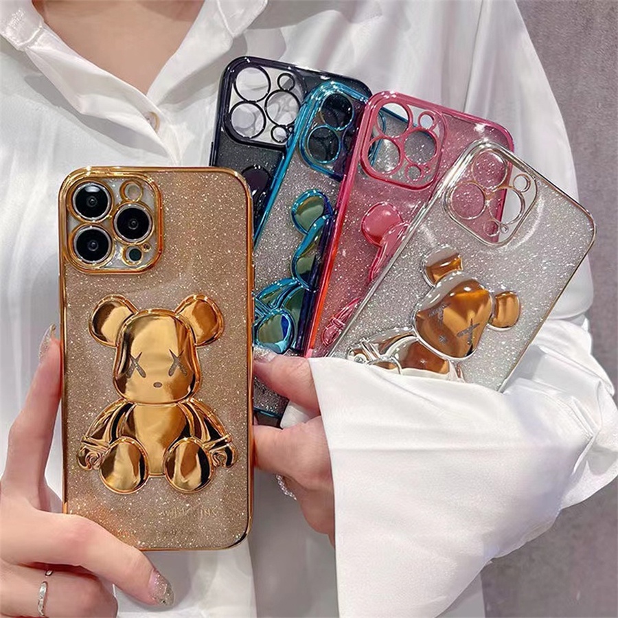 Ốp Lưng iphone Gấu Bearbrick Viền Xi kim tuyến in 3D bảo vệ Camera cho IP 6 6s 7 8 Plus SE X XS XS Max 11 12 13 Pro Max