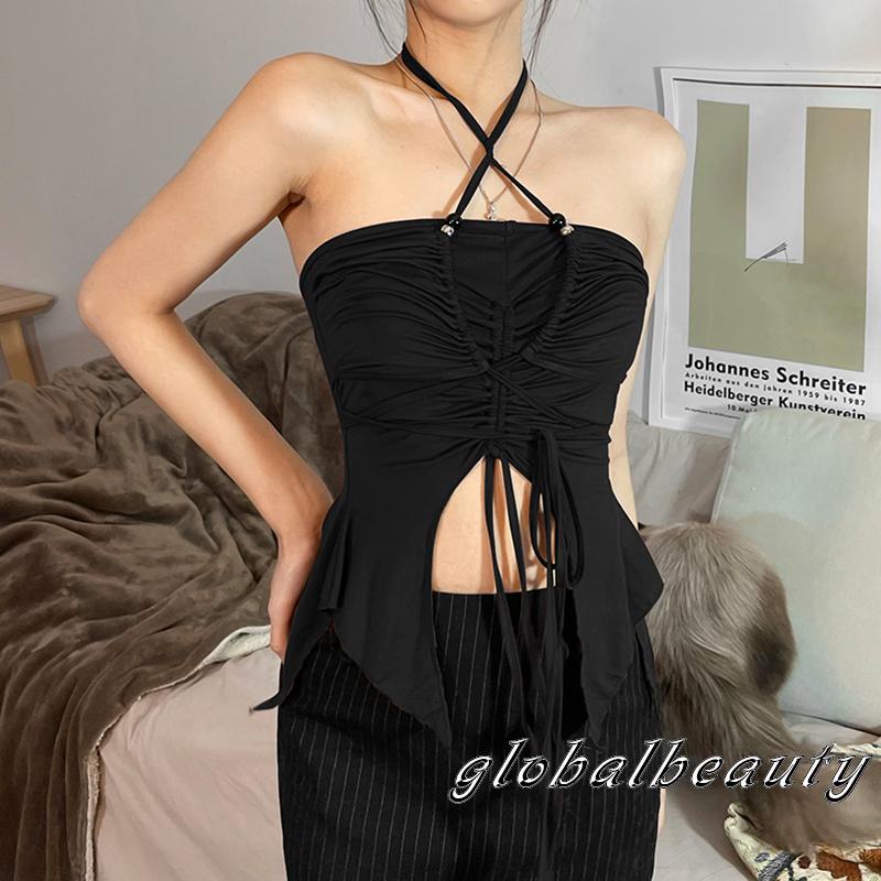 Áo Croptop Màu Trơn Dây Rút Cổ Yếm Kiểu Bất Đối Xứng Thời Trang Cho Nữ