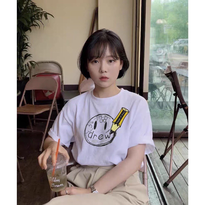 Áo thun tay lỡ DREW bút chì unisex form rộng vải cotton co dãn - áo thun nam nữ
