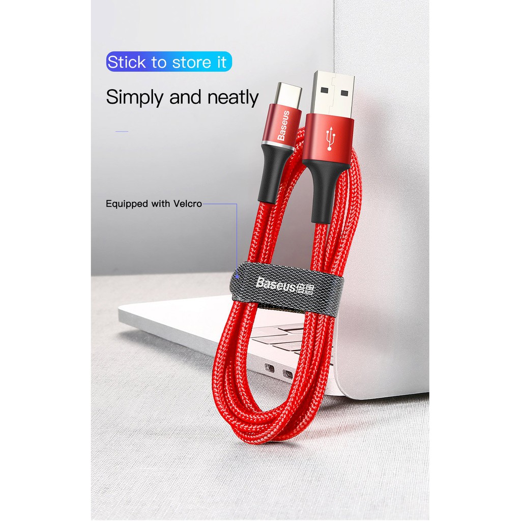 Cáp sạc nhanh Baseus Halo Data Type-C cho Samsung S8/9, Note 8/9, Huawei, Xiaomi (3A, Quick charge 3.0, LED Light )-đỏ