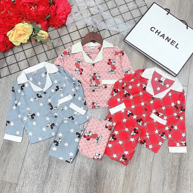 Bộ Quần Áo Pijama Dài Tay Cho Bé Chất Lụa Thái Hoạ Tiêt Mickey