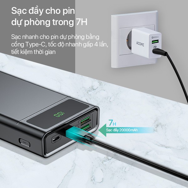 Pin Sạc Dự Phòng Sạc Nhanh 20000mAh Màn Hình Led Hiển Thị Công Suất VIVAN AP201 22.5W 2 Cổng USB Micro Type c QC3.0