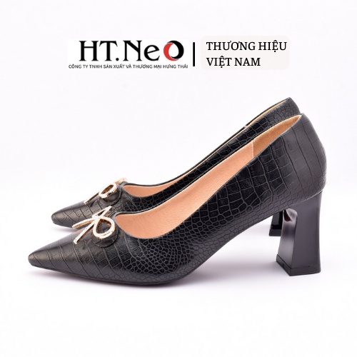 Giày cao gót đế vuông HT.NEO Da vân tự nhiên, mũi nhon gót vuông cao 5cm, đính nơ cực xinh CS221