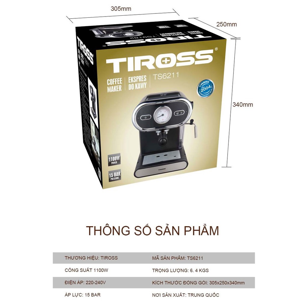 Máy Pha Cafe Espresso Tiross TS6211, Hàng Chính Hãng, Bảo Hành 12 Tháng