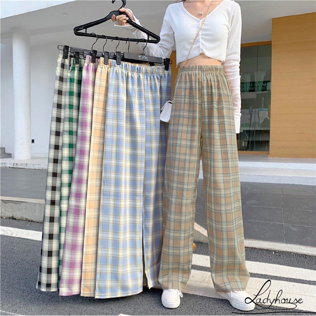 Quần Dài Ống Rộng Lưng Cao Họa Tiết Sọc Caro Thời Trang Cho Nữ