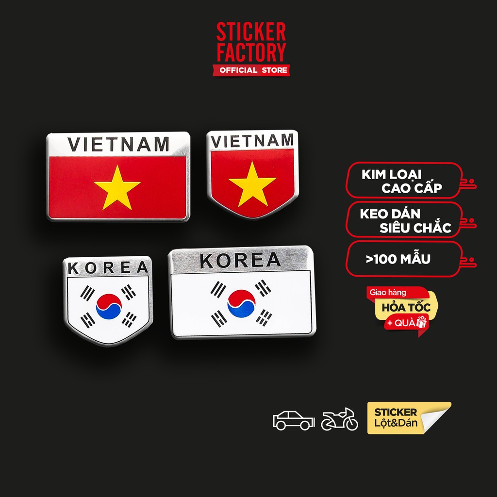 Sticker metal hình dán kim loại Sticker Factory - Set 4 miếng Chủ đề cờ VN và Hàn