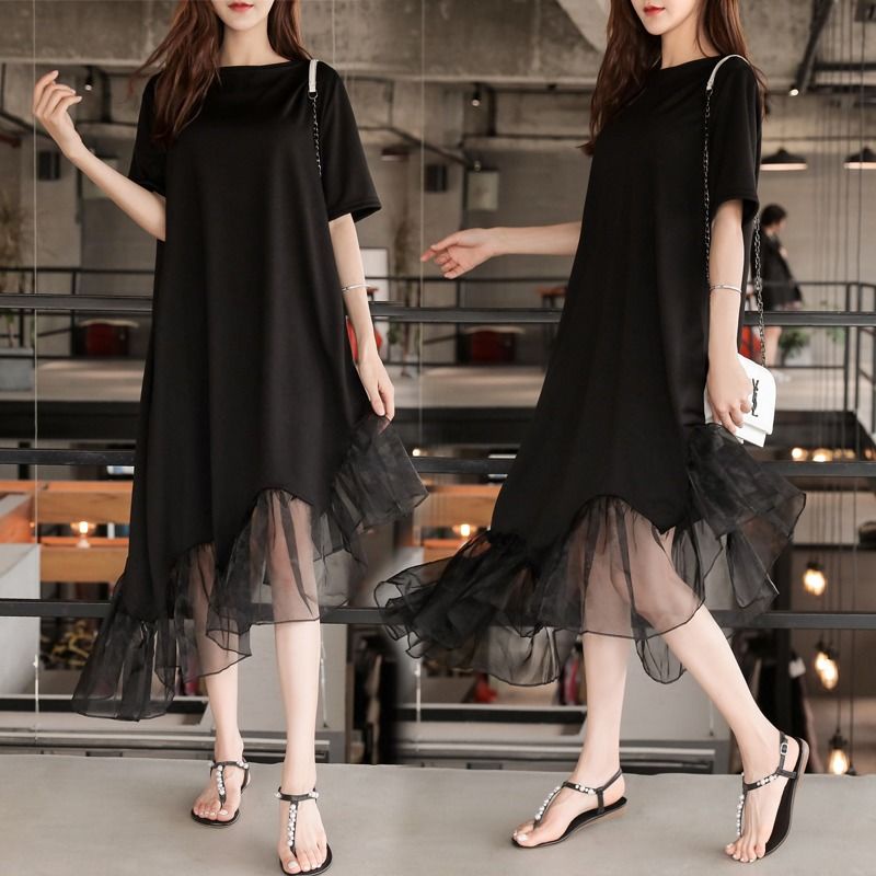 【Plus Size】(40-150kg) Đầm Nữ Tay Ngắn Dáng Rộng Lệch Tà