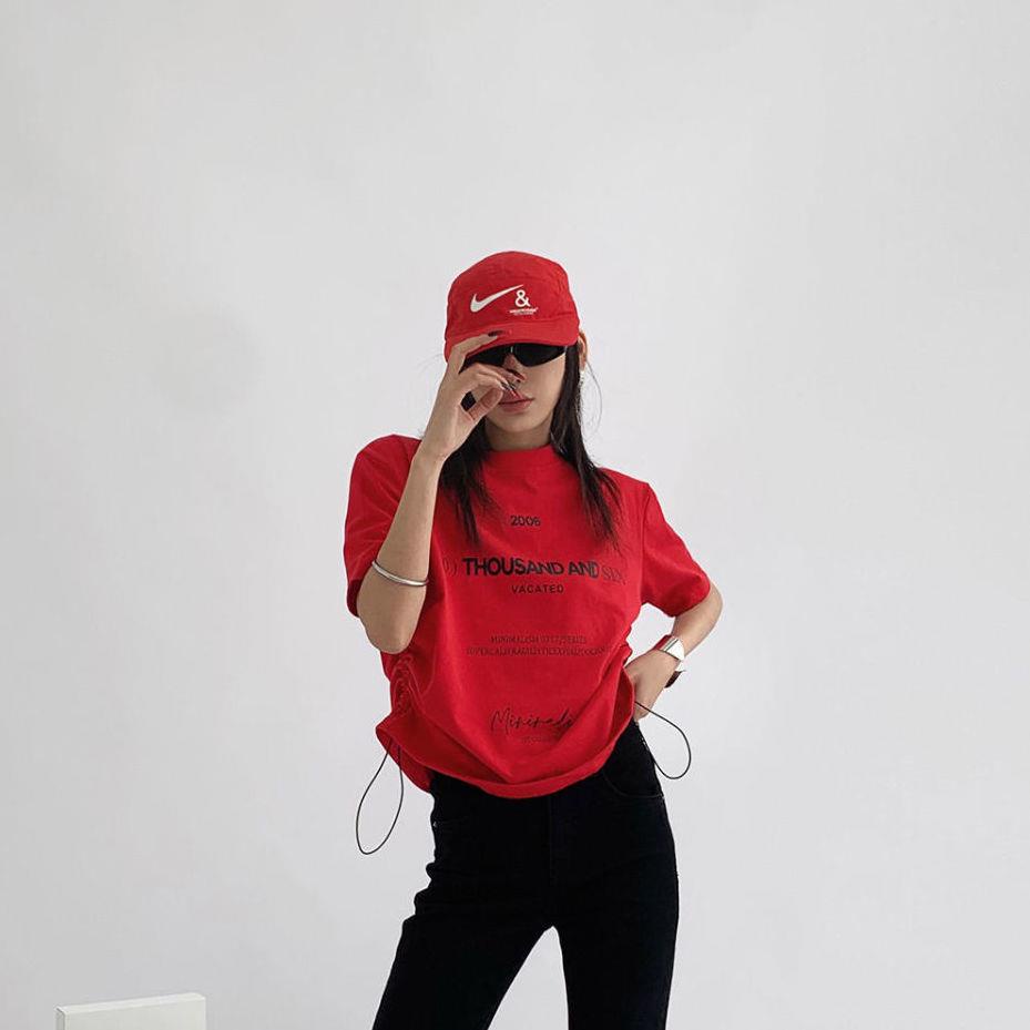 Áo Thun Cotton Tay Ngắn Dáng Rộng Phối Dây Rút Phong Cách Âu Mỹ Thời Trang Cho Nữ