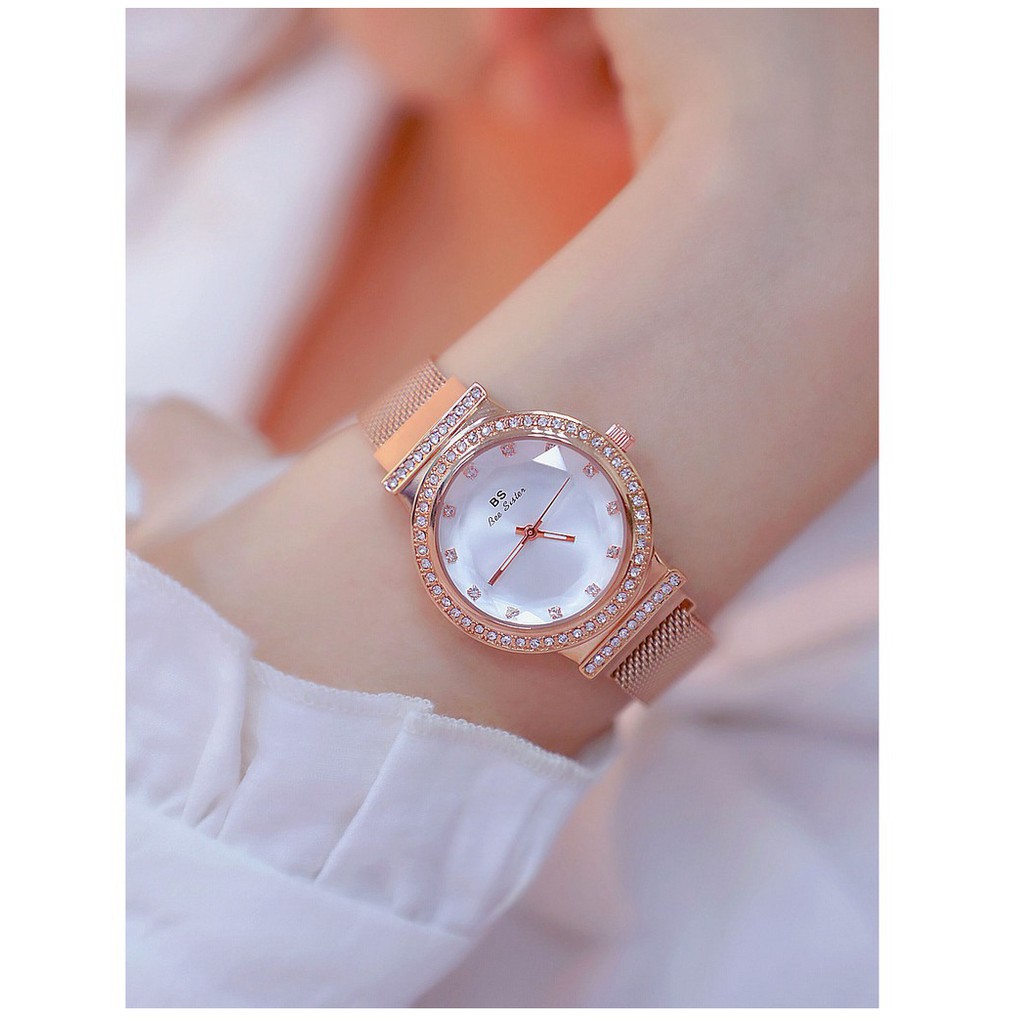 Đồng hồ nữ Bee Sister FA1591 dây thép cao cấp, khóa nam châm, mặt tròn đính đá đa giác.