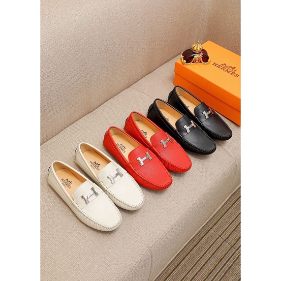 Giày tây lười mũi tròn cho nam đế mềm thương hiệu Hermes HM da thật cao cấp