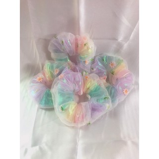 Cột tóc scrunchies thiết kế, scrunchies 2 lớp hologram bọc lưới hoa cúc