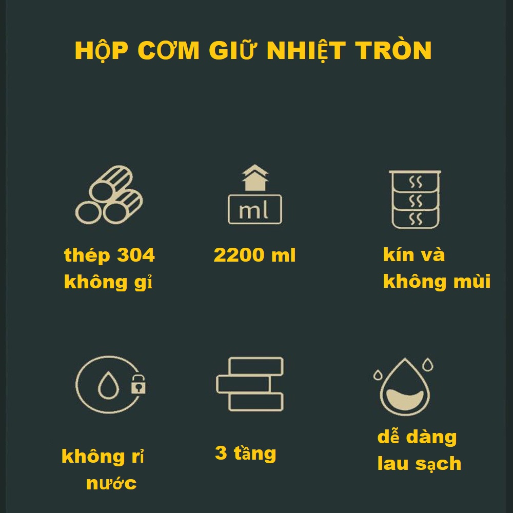 [Cao Cấp]Hộp Cơm/Camen Giữ Nhiệt 3 Tầng 2200ml Lõi Inox 304