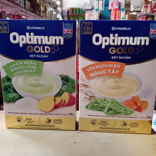 Bột ăn dặm Optimum gold Gạo Cải xoăn khoai lang giống Nhật hộp giấy 200g. Cho bé từ 7 - 24 tháng .