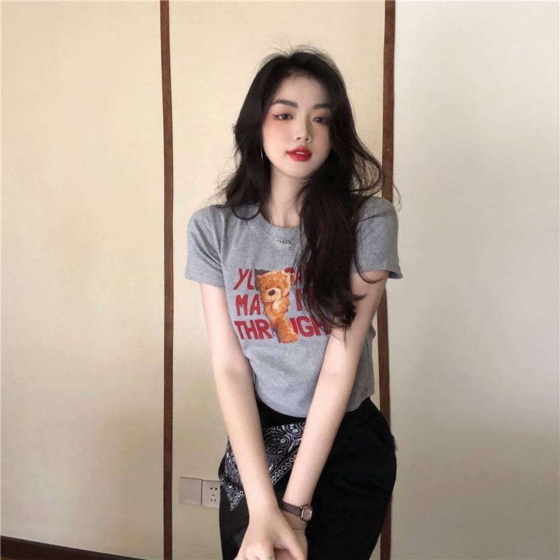 ÁO THUN CROPTOP NỮ IN HÌNH GẤU 3 MÀU ĐEN TRẮNG MUỐI TIÊU DỄ THƯƠNG HÀN QUỐC  CR22039