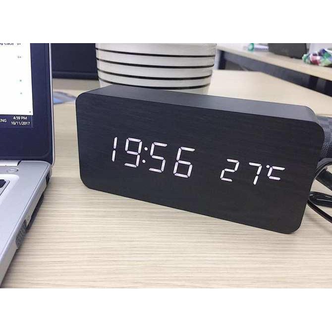 Đồng hồ led gỗ để bàn màn hình led hình chữ nhật, hiển thị giờ, ngày, tháng, năm, nhiệt độ, báo thức, Cảm biến âm thanh