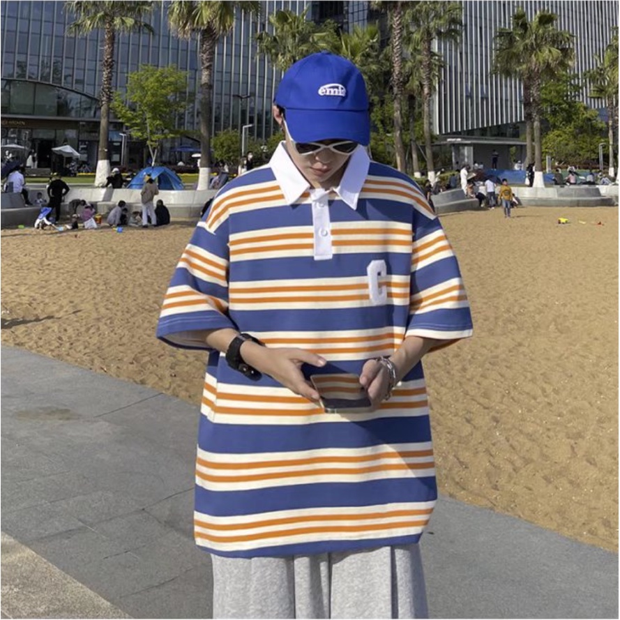 áo polo Sọc bông áo phông form rộng unisex áo thun nam có cổ streetwear phong cách Hàn Quốc áo thun thể thao dây kéo thời trang áo polo nam đẹp