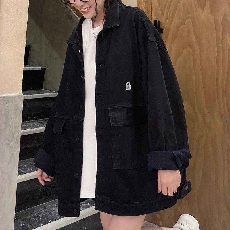 Áo Khoác Denim Form Rộng Kiểu Dáng Basic Thiết Kế Cổ Bẻ Túi Hộp [HÌNH THẬT]