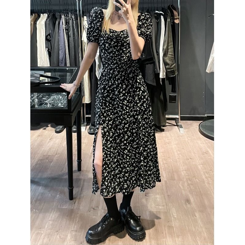 Đầm Hoa Chữ A Cổ Vuông Tay Phồng Xẻ Tà Thời Trang Mùa Hè Kiểu Pháp Mới Cho Bạn Gái